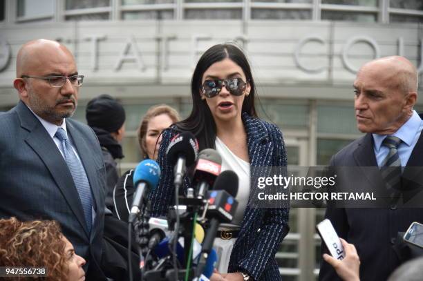 Emma Coronel Aispuro , wife of the founder of the former Guadalajara Cartel Joaquín "El Chapo" Guzman, speaks outside federal court in New York on...