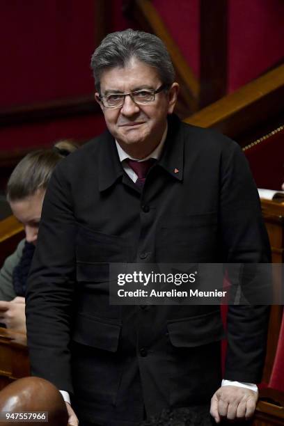 Leader of La France Insoumise Jean Luc Melenchon attends Canadian Prime Minister Justin Trudeau's speech at French Assemblee Nationale on April 17,...