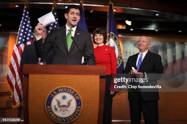 Speaker of the House Paul Ryan holds up an example of a proposed tax form during a news conference with Rep. Cathy McMorris Rodgers and House Ways...
