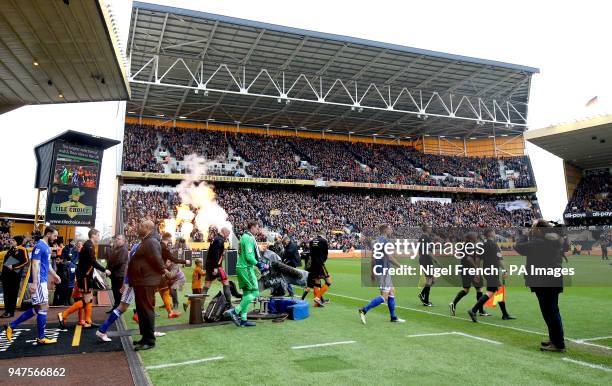 General view of Wolverhampton Wanderers and Birmingham City players coming on to the pitch at the beginning of the Sky Bet Championship match at...