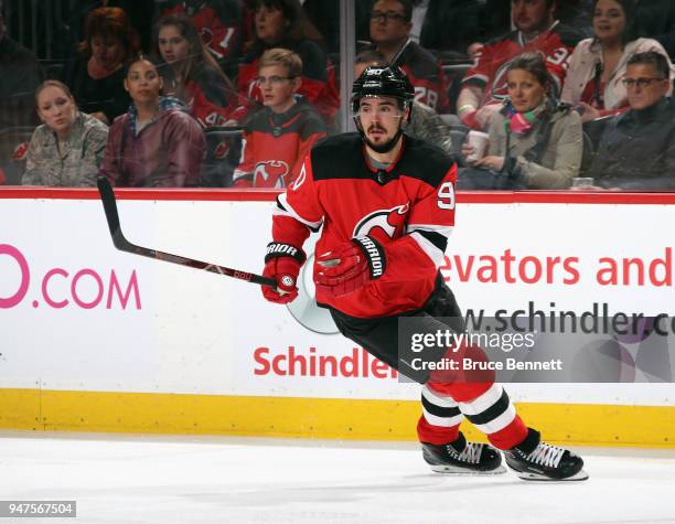 Marcus Johansson of the New Jersey Devils skates against the Tampa Bay Lightning in Game Three of the Eastern Conference First Round during the 2018...