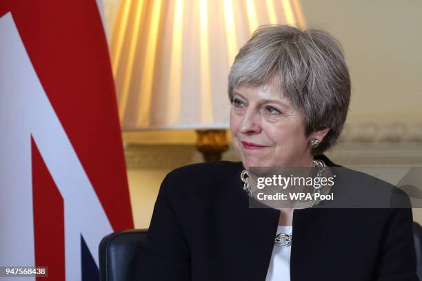 Britain's Prime Minister Theresa May meets South Africa's President Cyril Ramaphosa for bilateral talks at 10 Downing Street on April 17, 2018 in...