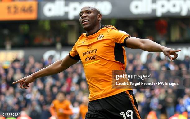 Wolverhampton Wanderers' Benik Afobe celebrates scoring his side's second goal of the game during the Sky Bet Championship match at Molineux,...