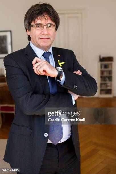 Carles Puigdemont poses during a photo session on April 17, 2018 in Berlin, Germany. Puigdemont had been held at a jail in Neumuenster since his...