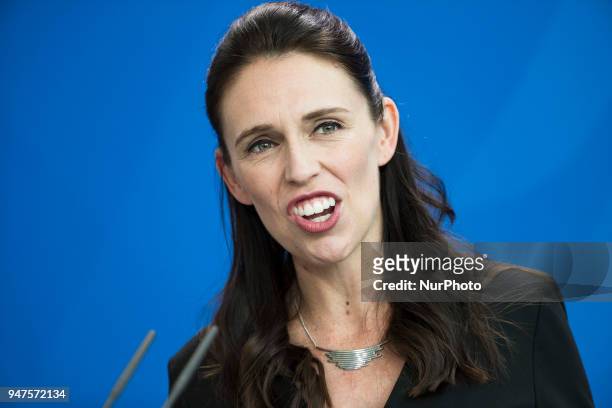 Prime Minister of New Zealand Jacinda Ardern is pictured during a news conference held with German Chancellor Angela Merkel at the Chancellery in...
