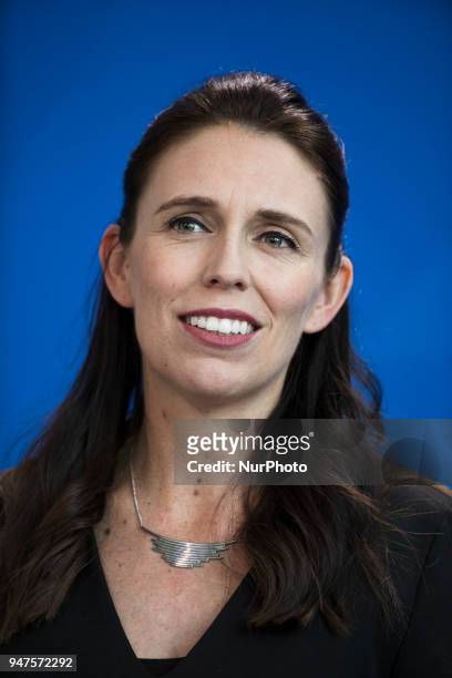 Prime Minister of New Zealand Jacinda Ardern is pictured during a news conference held with German Chancellor Angela Merkel at the Chancellery in...