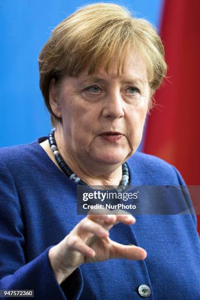 German Chancellor Angela Merkel is pictured during a news conference held with Prime Minister of New Zealand Jacinda Ardern at the Chancellery in...