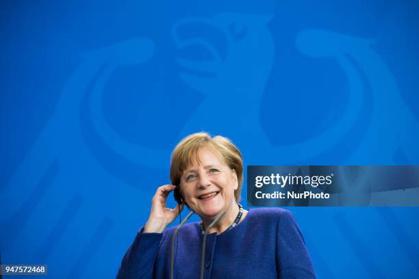 German Chancellor Angela Merkel is pictured during a news conference held with Prime Minister of New Zealand Jacinda Ardern at the Chancellery in...