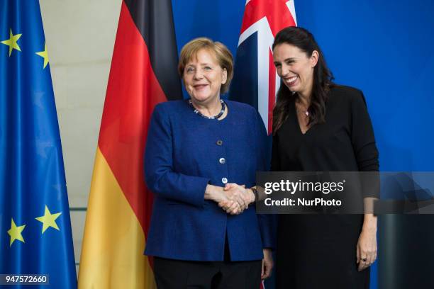 German Chancellor Angela Merkel and Prime Minister of New Zealand Jacinda Ardern shake hands at the end of a news conference at the Chancellery in...