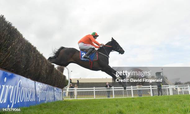 Meath , Ireland - 17 April 2018; De Plotting Shed, with Davy Russell up, jumps the last on his way to finishing second during The Mongey...