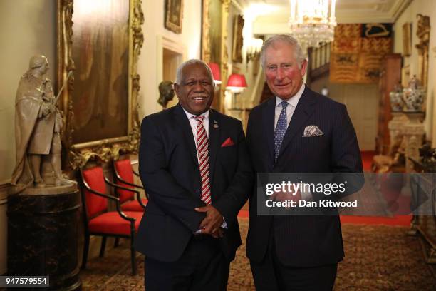 Prince Charles, Prince of Wales greets the Prime Minister of the Solomon Islands, Rick Houenipwela at Clarence House, before holding bilateral talks...
