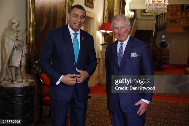 Prince Charles, Prince of Wales greets the Prime Minister of Jamaica, Andrew Holness at Clarence House, before holding bilateral talks during the...
