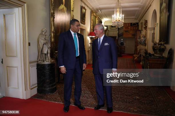 Prince Charles, Prince of Wales greets the Prime Minister of Jamaica, Andrew Holness at Clarence House, before holding bilateral talks during the...