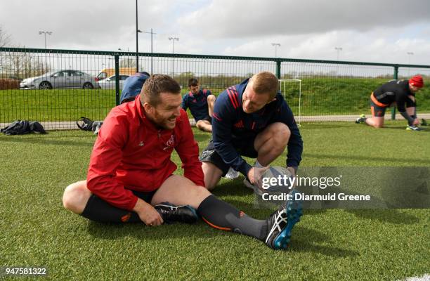 Limerick , Ireland - 17 April 2018; Mike Sherry, left, and Keith Earls in conversation prior to Munster Rugby squad training at the University of...