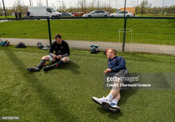 Limerick , Ireland - 17 April 2018; Peter O'Mahony, left, and Keith Earls in conversation prior to Munster Rugby squad training at the University of...