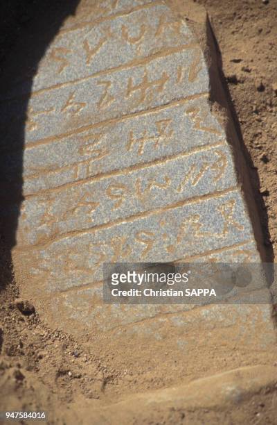 Inscriptions méroïtiques sur une pierre dans la cité antique nubienne de Méroé, Soudan.