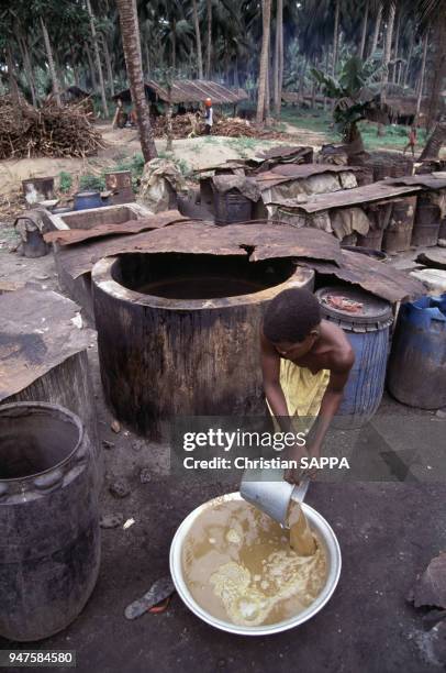 Cuve de fermentation de jus de canne à sucre dans la région de Shama, Ghana.