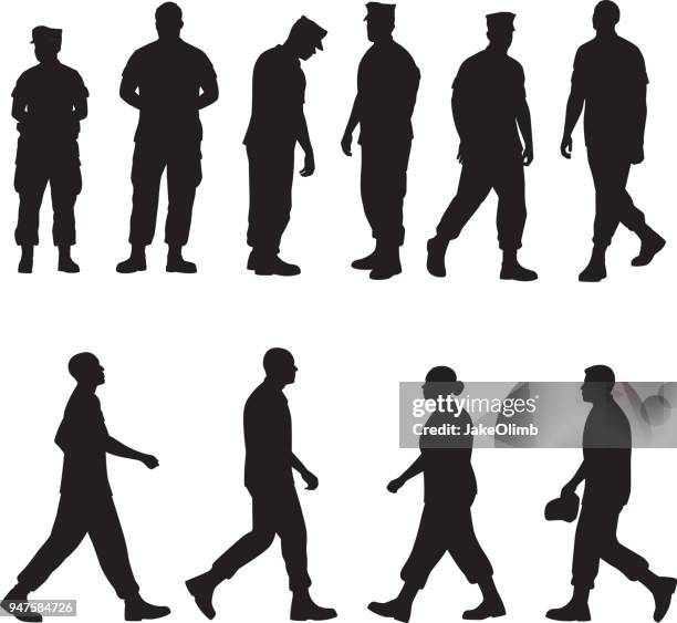 marine soldier silhouettes 2 - soldiers marching stock illustrations
