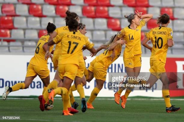 Alanna Kennedy of Australia celebrates scoring the second goal during the AFC Women's Asian Cup semi final between Australia and Thailand at the King...