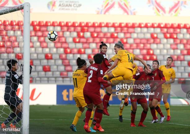 Alanna Kennedy of Australia scores the second goal during the AFC Women's Asian Cup semi final between Australia and Thailand at the King Abdullah II...