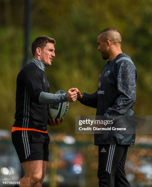 Limerick , Ireland - 17 April 2018; Ian Keatley, left, and Simon Zebo during Munster Rugby squad training at the University of Limerick in Limerick.