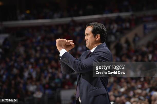 Head Coach Erik Spoelstra of the Miami Heat calls a play during the game against the Philadelphia 76ers in Game Two of Round One of the 2018 NBA...