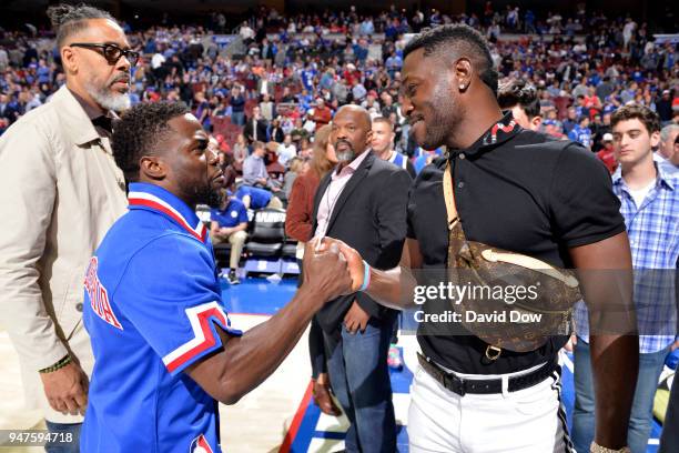 Kevin Hart and Antonio Brown attend the game between the Miami Heat and the Philadelphia 76ers in Game Two of Round One of the 2018 NBA Playoffs on...