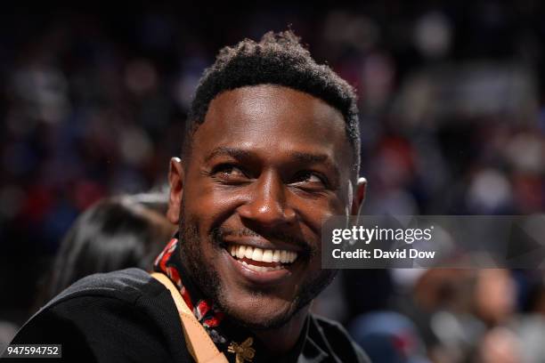 Antonio Brown attends the game between the Miami Heat and the Philadelphia 76ers in Game Two of Round One of the 2018 NBA Playoffs on April 16, 2018...