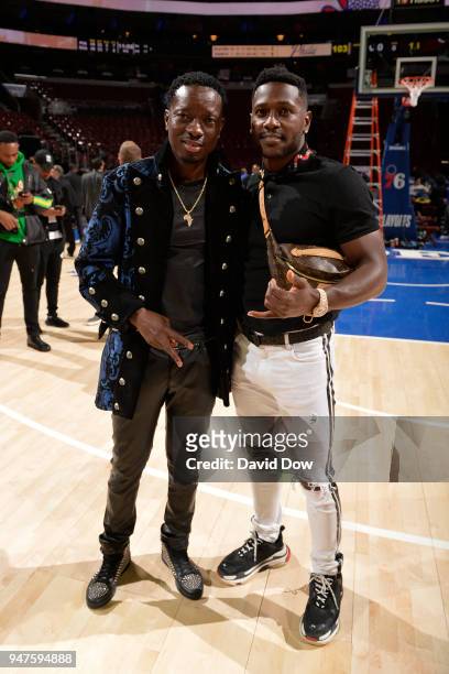 Michael Blackson and Antonio Brown attend the game between the Miami Heat and the Philadelphia 76ers in Game Two of Round One of the 2018 NBA...