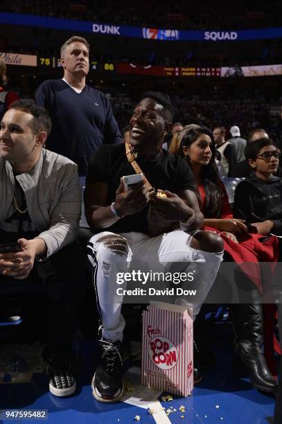 Antonio Brown attends the game between the Miami Heat and the Philadelphia 76ers in Game Two of Round One of the 2018 NBA Playoffs on April 16, 2018...