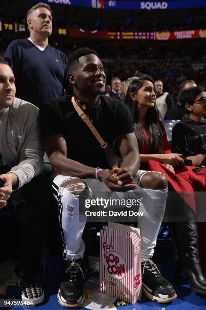 Antonio Brown attends the game between the Miami Heat and the Philadelphia 76ers in Game Two of Round One of the 2018 NBA Playoffs on April 16, 2018...