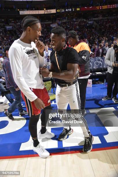 Josh Richardson of the Miami Heat greets Antonio Brown after the game against the Philadelphia 76ers in Game Two of Round One of the 2018 NBA...