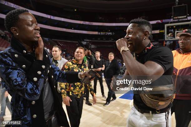 Michael Blackson and Antonio Brown speak after the game between Miami Heat and Philadelphia 76ers in Game Two of Round One of the 2018 NBA Playoffs...