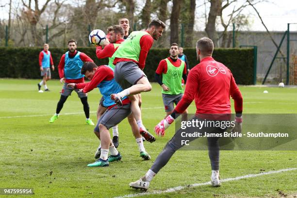 LtoR Pierre-Emile H¿jbjerg, Jack Stephens, Oriol Romeu, Wesley Hoedt, Jeremy Pied, during a Southampton FC training session at Staplewood Complex on...