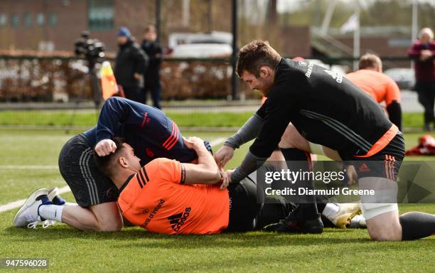 Limerick , Ireland - 17 April 2018; Peter O'Mahony gets involved as Keith Earls and Conor Murray wrestle during Munster Rugby squad training at the...