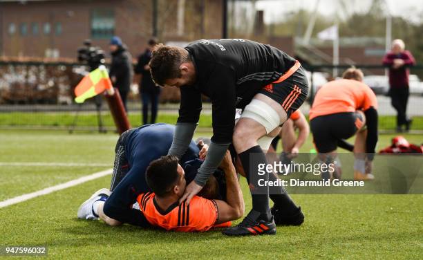 Limerick , Ireland - 17 April 2018; Peter O'Mahony gets involved as Keith Earls and Conor Murray wrestle during Munster Rugby squad training at the...