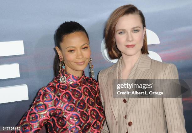Actress Thandie Newton and actress Evan Rachel Wood arrive for the Premiere Of HBO's "Westworld" Season 2 held at The Cinerama Dome on April 16, 2018...