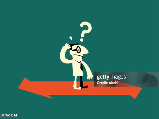 which way concept, businessman standing on an arrow sign way with two opposite directional sign - two objects stock illustrations