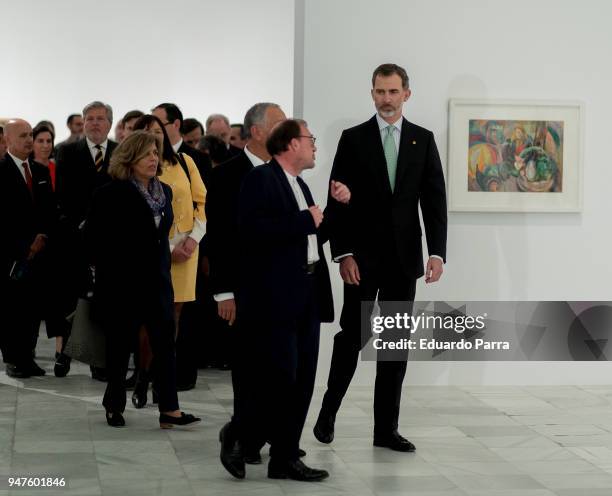 King Felipe VI of Spain and president of Portugal Marcelo Rebelo de Sousa attend 'Pessoa. Todo arte es una forma de literatura' exhibition at Reina...