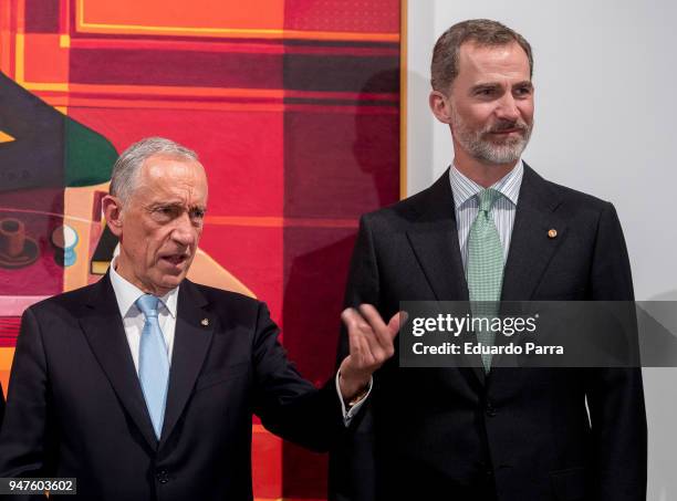 King Felipe VI of Spain and president of Portugal Marcelo Rebelo de Sousa attend 'Pessoa. Todo arte es una forma de literatura' exhibition at Reina...