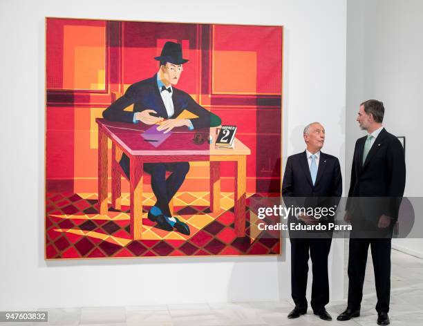 King Felipe VI of Spain and president of Portugal Marcelo Rebelo de Sousa attend 'Pessoa. Todo arte es una forma de literatura' exhibition at Reina...