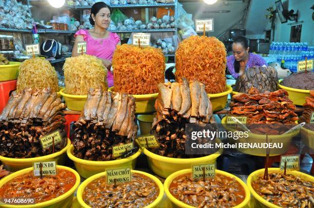 Vietnam, An Giang Province, Mekong Delta region, Chau Doc market, with a pagoda, Tay.