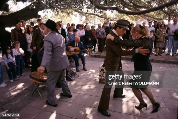 Tango couple dance in Plaza francia Square in Buenos Aires, singer, guitar player and a crowed admiring this passionate dance.