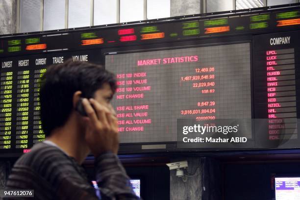 An investor reacts in front of an electronic board displaying stock prices at the Karachi Stock Exchange on Wednesday, The benchmark 100-share index...