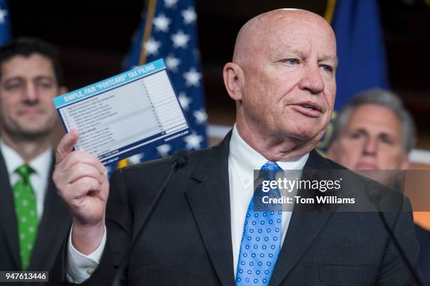 Ways and Means chairman Rep. Kevin Brady, R-Texas, holds a sample of a postcard-style tax filing during a news conference in the House studio after a...