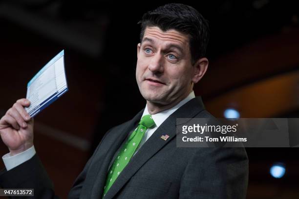 Speaker Paul Ryan, R-Wis., holds a sample of a postcard-style tax filing during a news conference in the House studio after a meeting of the GOP...