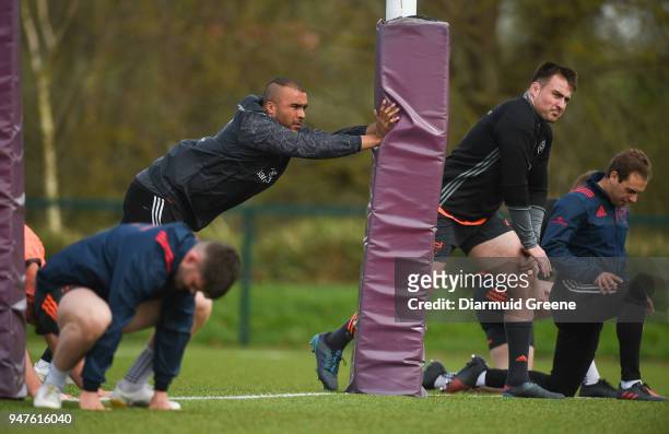 Limerick , Ireland - 17 April 2018; Simon Zebo stretches during Munster Rugby squad training at the University of Limerick in Limerick.