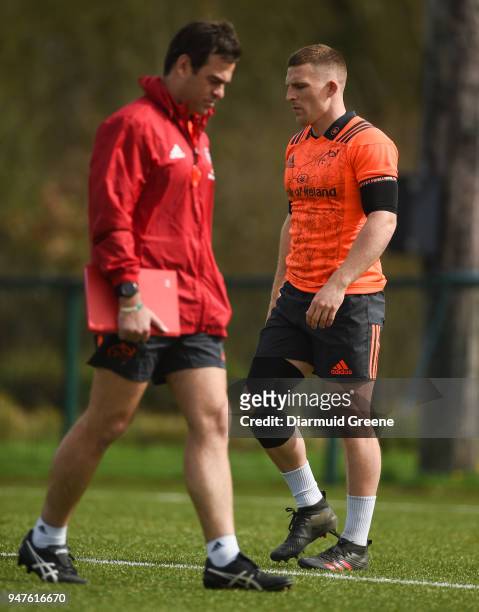 Limerick , Ireland - 17 April 2018; Andrew Conway and head coach Johann van Graan during Munster Rugby squad training at the University of Limerick...