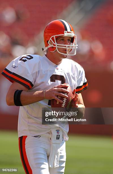 Tim Couch of the Cleveland Browns looks on before a NFL football game against the Kansas City Chiefs on September 8, 2002 at Cleveland Municipal...