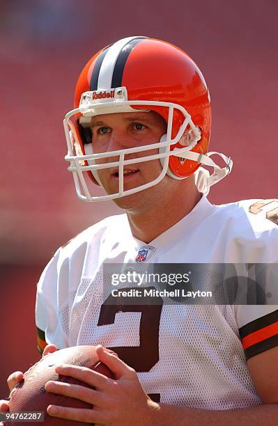 Tim Couch of the Cleveland Browns looks on before a NFL football game against the Kansas City Chiefs on September 8, 2002 at Cleveland Municipal...